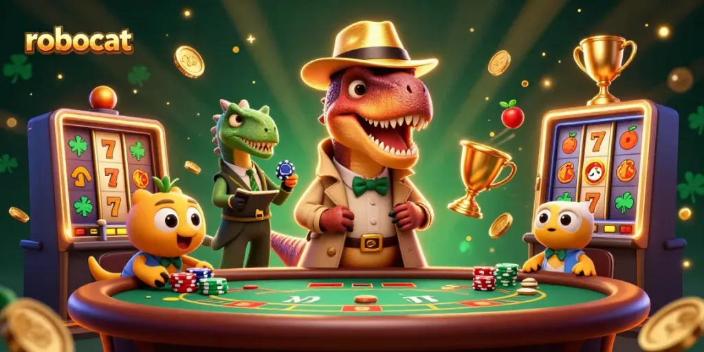 Robocat animates the thrill of casino slots with cartoon dinosaurs counting cards and sneaking chips.