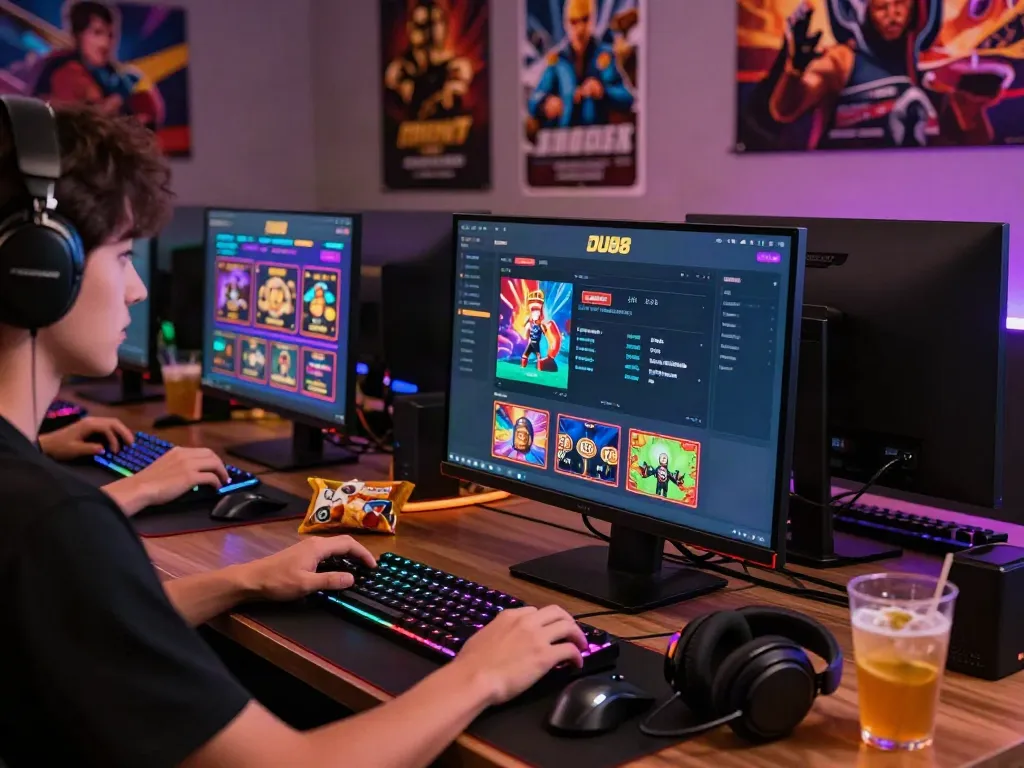 Engaging scene of a player using DU88 platform for online gaming in a modern setup.