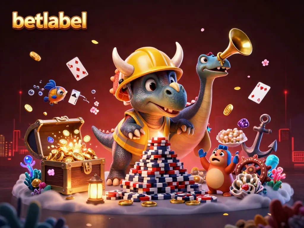 Betlabel casino scene featuring a triceratops building poker chips amidst jubilant characters and dynamic gaming elements.