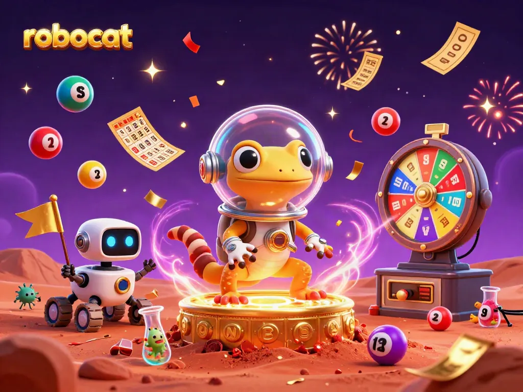 Experience excitement with robocat amidst a vibrant casino celebration featuring lottery balls and prizes.