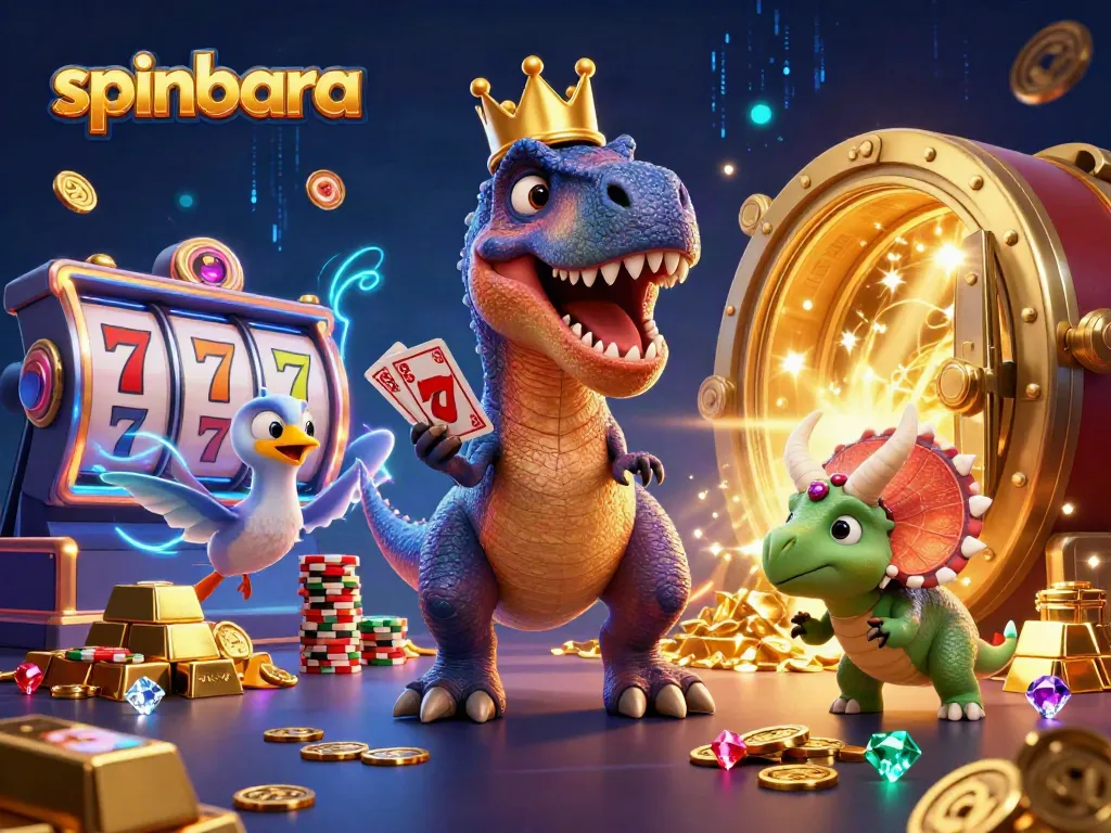 Spinbara showcases an entertaining casino scene with vibrant characters shuffling cards and stacking chips.