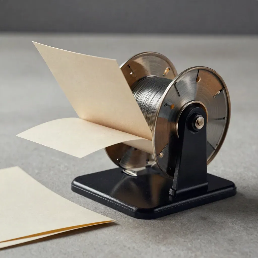 Módulo de automatización de correos con sobres kraft y tarjetas flotando sobre fondo oscuro.