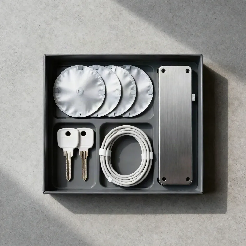 Kit cenital de mantenimiento web con caja grafito, discos de copia, llaves y cables claros.