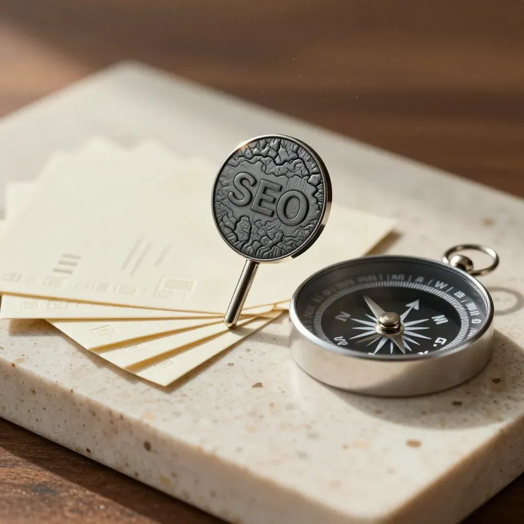 Kit de SEO local con pin topográfico, tarjetas de barrios y brújula sobre piedra clara.