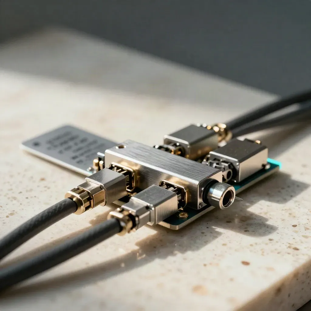 Módulo metálico de integración API con cables trenzados y brillo cian sobre travertino.