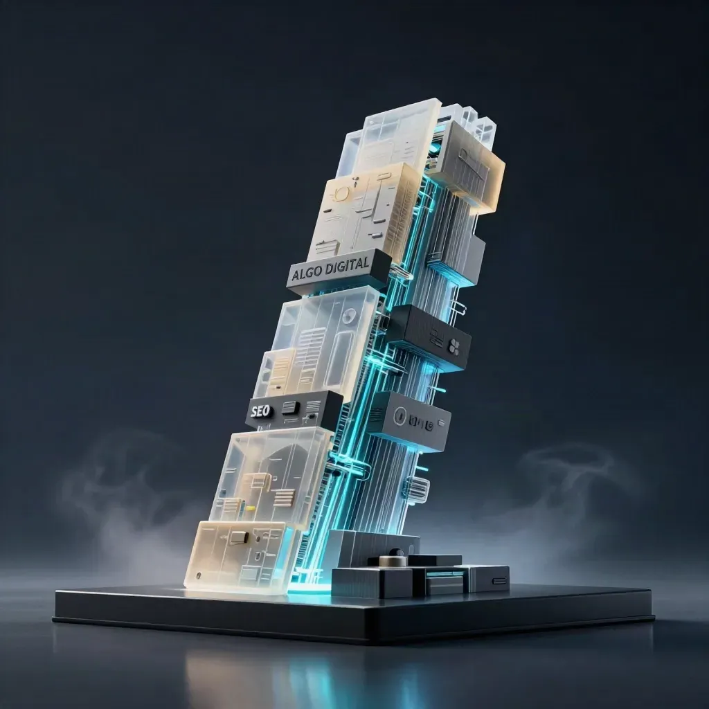 Torre translúcida de datos con brillo cian sobre un fondo oscuro, estilo publicitario premium.