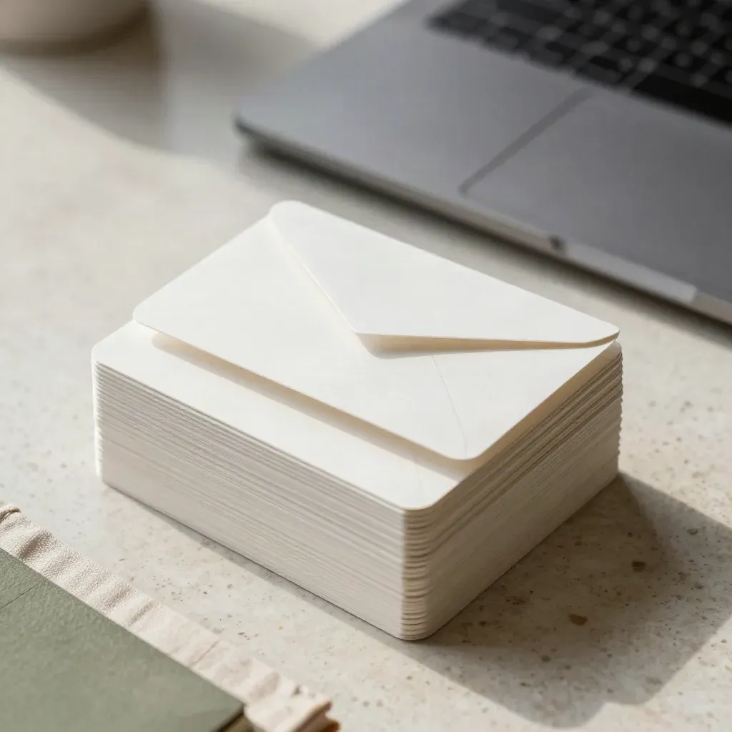 Tarjetas apiladas de email de bienvenida junto a un portátil cerrado, con luz suave.