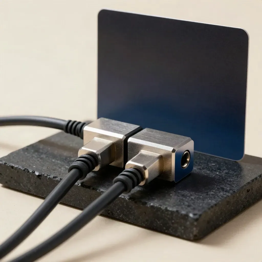 Módulo metálico de conexión HubSpot sobre piedra negra, con cables trenzados y brillo azul marino.