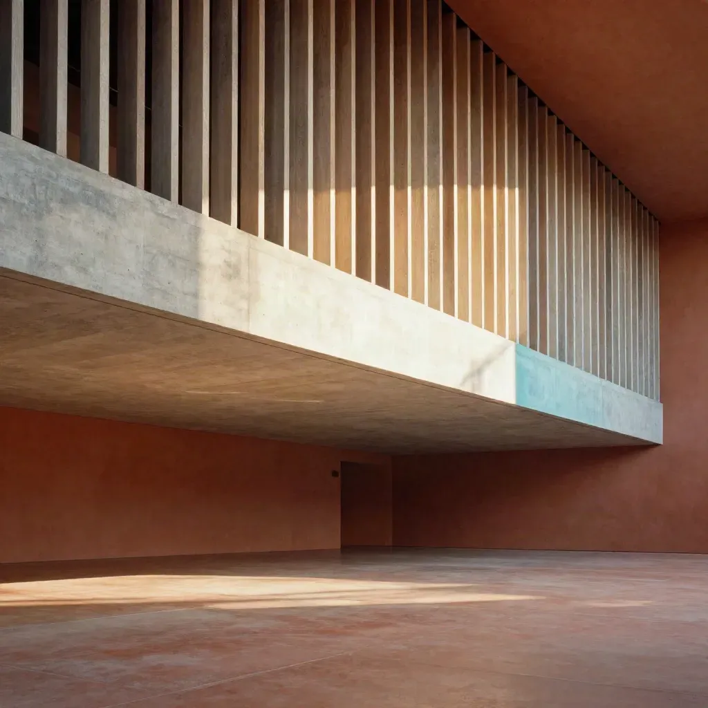 Galería moderna de hormigón y madera con vacío central, luz dorada y reflejo cian