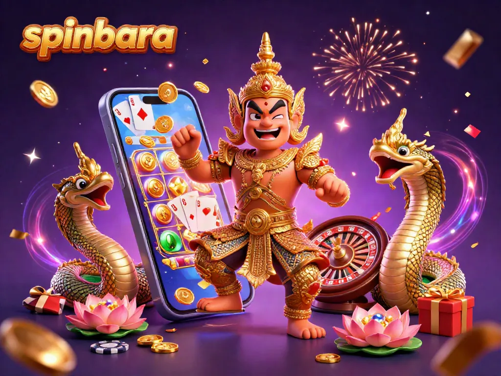 Experience thrilling gameplay at Spinbara with colorful slots and dynamic casino elements in an exciting 3D scene.